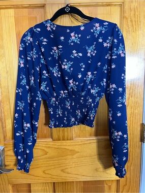 Forever 21 Navy Floral Smocked-Waist Long Sleeve Blouse